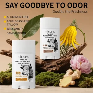 100% Grass Fed Beef Tallow Deodorant Stick Natural Aluminum-Free Roll On Antiperspirant Organic Body Odor Protection Balm