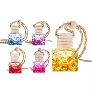 10ml Square Empty Gradient Blue Red Purple Yellow Pink Glass Pendant Diffuser Bottle Wooden Cap Hanging Rope Car Air Freshener