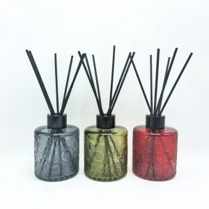180ml 6oz Refillable Embossed Glass Reed Diffuser Bottle with Black Fibre Sticks