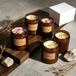 200g Custom Size Amber Clear Luxury Glass Candle Jar with Aluminum Metal Lids Dried Flower Aromatherapy Candle