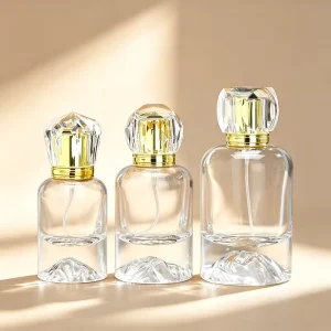 30ml 50ml 100ml Cylinder Oblique Shoulder Volcano Base Clear Glass Perfume Bottle with Clear Lid