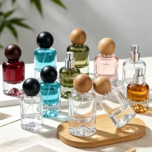 30ml 50ml 100ml Luxury Empty Clear Glass Perfume Bottle Ice Mountain Thick Base with Wooden Ball Cap Spray Perfume Bottle