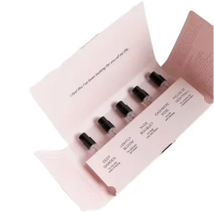 5 Bottle Perfume Sample Set 2ml 10ml Sizes Self Erecting Magnetic Closure Box Recycled Paperboard Sponge Liner
