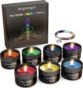 7 Chakra Crystal Candle Healing Bracelet Gift Set Handmade Smokeless Scented Tin Candles with Natural Stones