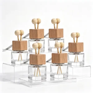 8ml 10ml 15ml Clear Square Car Perfume Diffuser Bottle with Vent Clip Wooden Lid and Ball Stick