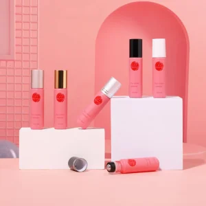 8ml Pink Glass Roll On Bottle Mini Travel Perfume Pink Glass Skincare Customizable Logo Color Bottles with Gold Black Cap