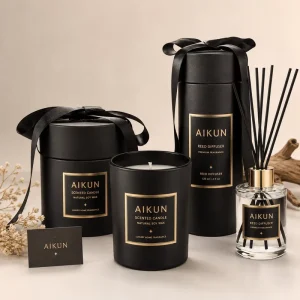 AIKUN Black Box Aromatherapy Scented Candle Clear Bottle Reed Diffuser Home Fragrance Gift Set for Holiday Gift Custom Label