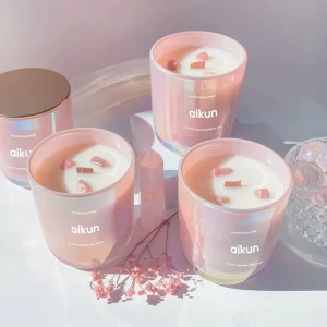 AIKUN Custom Fragrance Aroma Private Label Soy Wax Candles Pink Glass Jar Wooden Lid Scented Candle for Gift Set