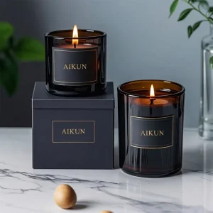 AIKUN Custom Luxury Black Glass Jar Natural Aromatherapy Scented Candle for Hotel Spa Retail Gift Set