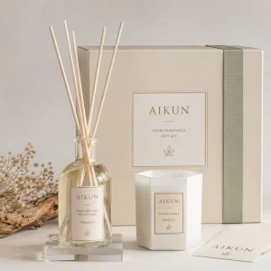 AIKUN Square Gift Box Reed Diffuser Aromatherapy Scented Candle Aroma Sticks Home Fragrance Gift Set for Event Gift Custom Logo