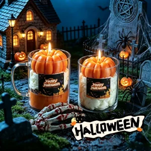 Aesthetic Halloween Pumpkin Spice Scented Candle 3D Sculpted Shape Natural Soy Wax Glass Mug Handmade Elegant Biodegradable Room