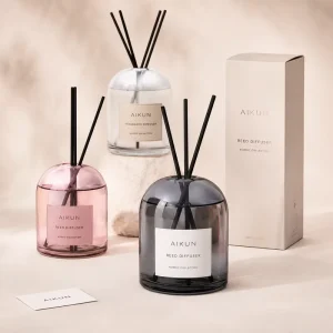 Aikun Custom Logo Flameless Reed Diffuser Glass Aroma Bottle Set with Rattan Stick for Home Hotel Gift OEM ODM
