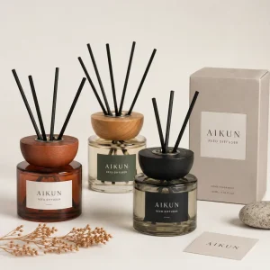 Aikun Nordic Wooden Lid Reed Diffuser 120ml Glass Scent Bottle Private Label Room Fragrance Rattan Reed Diffuser Gift Set