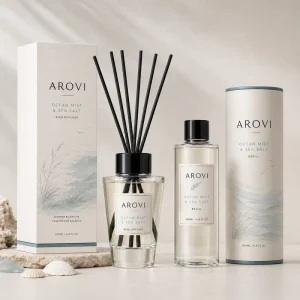 Arovi OEM Ocean Mist Sea Salt Reed Diffuser 200ml with Refill Bottle in Modern Chic Style Home Fragrance Gift Set