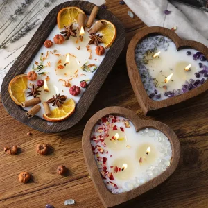 Atmosphere Sense Dried Flower Wooden Bowl Heart Shape Aromatherapy Candle Ins Wind Multi-core Smokeless Pure Plant Wax Home