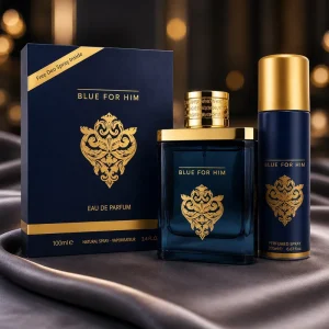 Authentic Arabic Aventos Blue for Him 2 Piece Gift Set (100ml EDP + 50ml Deo Spray) Luxury Blue & Gold Men’s Perfume Gift Set