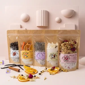 Bath Salt Bags Two Piece Spa Kit With Window Kraft Pouch and Mini Essential Oil Vial Private Label