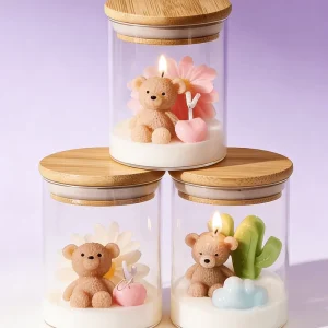 Bear Figurine Scented Candles 8.6×6.4cm Glass Container 6 Designs Rose Lavender Scents for Kids Birthday Party Gift Set