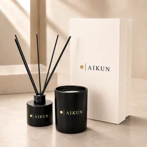Black Aromatherapy Room Reed Diffuser Gift Set with Candle and Presentation Box for Hotel Amenity Supply