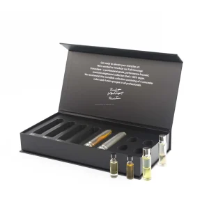 Black Rigid Magnetic Closure Perfume Gift Box Handmade Paper Packaging Sponge Matt Lamination 5 Piece Discovery Vial Set