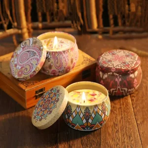 Bohemian Printed Tin Scented Candle Dried Flower Soy Wax Smokeless Candle for Bedroom Aromatherapy Souvenir Gift