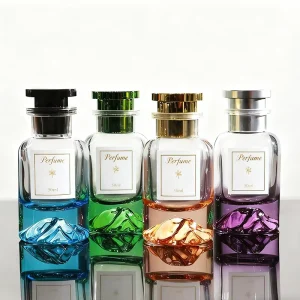 Bulk Stock 30ml 50ML 100ml Mountain-Shaped Base Perfume Bottle Blue Gradient Transparent Glass Fragrance Bottle with Black Cap