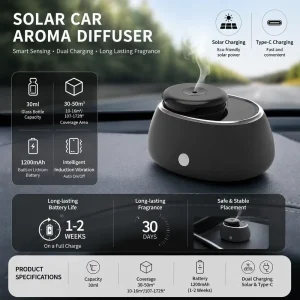 Car Scent Diffuser Solar Solar Powered Diffuser Auto Timer Function Aroma Diffuser Rechargeable Lithium Battery for Vehicle