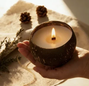 Coconut Shell Scented Candle Natural Soy Wax Essential Oil Infused Wood Wick Eco Friendly Handmade Customizable Home Diwali