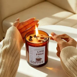 Coffee Bean Decorated Holiday Scented Candle Bohemian Style Amber Glass Jar Soy Wax Christmas Thanksgiving Diwali Easter