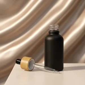 Cosmetic Packaging 15ml 30ml 50ml Matte Black Glass Diffuser Essential Oil Eyelash Growth Serum Bottle with Bamboo Dropper Cap