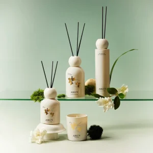 Cream Ceramic Home Fragrance Reed Diffuser Set with Black Fiber Sticks and Scented Candle for Room Decor