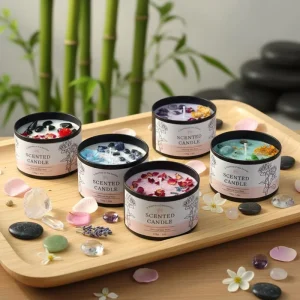 Creative Handmade Crystal Stone Dried Flower Metal Tin Scented Candles Home Decor Luxury Soy Wax Aroma Candles in Jar