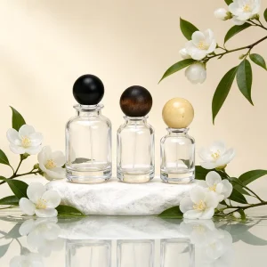 Custom 30ml 50ml 100ml Empty Clear Glass Perfume Bottles with Wood Alloy Lid and Packaging