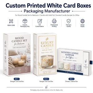 Custom CMYK Printed Foldable White Carton For Mood Candle Bedroom Candle With Gold Foil Scented Candle Sampler For Office