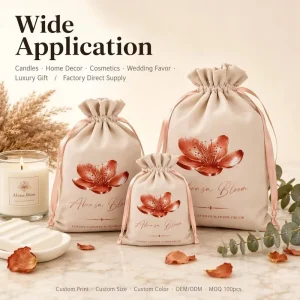 Custom Full Color Floral Print Beige Suede Velvet Drawstring Bag With Satin Ribbon Luxury Candle Gift Jewelry Packaging Pouch