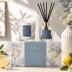 Custom Glass Bottle Home Fragrance Gift Set with Reed Diffuser and Scented Candle in Gold Box Packaging
