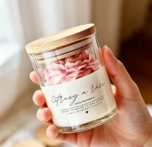 Custom Label Home Aromatherapy Glass Container Flower Shaped Decoration Candle Wood Cover