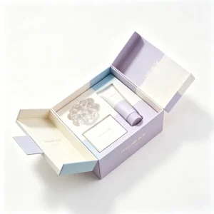 Custom Logo Lilac and Cream Perfume Box with Gold Foil Rigid Cardboard Gatefold Gift Box for Fragrance Set