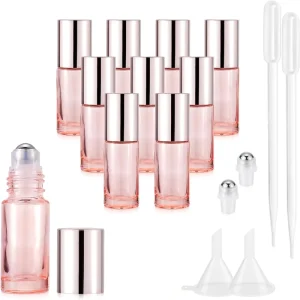 Custom Logo Pink Glass Cylinder Roll On Perfume Bottles with Rose Gold Cap 5ml 10ml Capacity Custom Gift Box Packaging