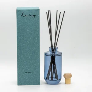 Custom Logo Smoky Blue Straight Cylinder Glass Reed Diffuser Natural Wooden Cap Black Fiber Sticks Minimalist Home Fragrance Set