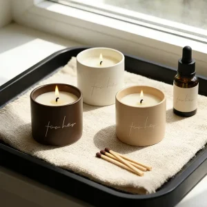 Custom Logo Sustainable Brown Candle Wood Grain Pattern Scented Candle with Ceramic Concrete Jar
