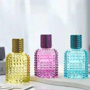 Custom Luxury Glass Perfume Bottle 30ml 50ml Refillable Aluminum Sprayer Plastic Screw Cap Colored Spikes