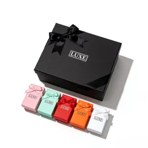 Custom Luxury Lid & Base Gift Box Set with Satin Bow Glossy/Matt Lamination & Embossing for Beauty & Luxury Sets