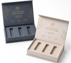 Custom Luxury Magnetic Perfume Packaging Box with Gold Foil Finish&EVA Insert for Fragrance Sample Set