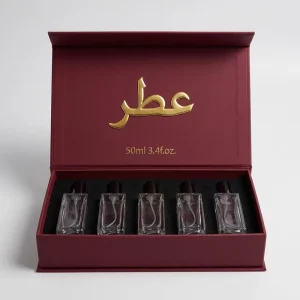Custom Luxury Recyclable Burgundy Cosmetic Perfume Gift Box Set Gold 3D Embossed Hinged Lid Rigid Boxes 5 Bottle Foam Insert