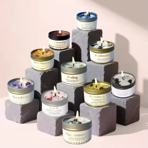 Custom Luxury Romantic Soy Wax Aromatherapy Tin Can Cup Crystal Candle for Home Decoration
