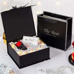 Custom Retail Boutique Cosmetic Packaging Perfume Magnetic Folding Black High end Paper Design Box and Bags Set for Gift