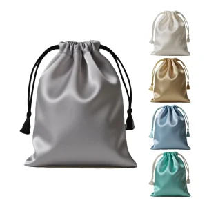 Custom Satin Drawstring Pouch With Ribbon Handle And Letter Pattern Satin Drawstring Bags With Custom Logo