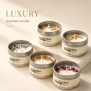 Custom Scented Soy Wax Tin Candle with Dried Flowers Travel Candle for Gift Shop Wedding Spa Private Label