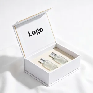 Custom White Rigid Perfume Gift with Gold Trim Luxury Flip Top Cosmetic Boxes with EVA Foam Insert for 2 Bottles Essential Oil